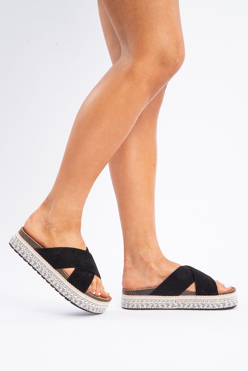 Black Silver Studded Platform Slider - Camyia-Shoes