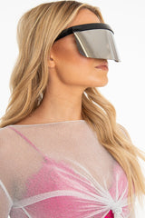 Black Silver Visor Shield Sunglasses - Lonie-Sunglasses