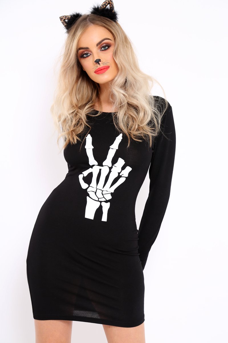 Black Skeleton Halloween Mini Dress-Dresses