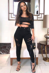 Black Skinny Stretch Ripped Jeans - Cienna-Jeans