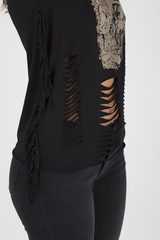 Black Skull Print Distressed Tassel Tank Top - Roxie-Tops