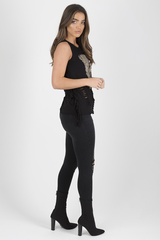 Black Skull Print Distressed Tassel Tank Top - Roxie-Tops