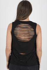 Black Skull Print Distressed Tassel Tank Top - Roxie-Tops