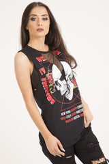 Black Skull Print Mesh Panel Sleeveless T-Shirt - Amie-T-shirt