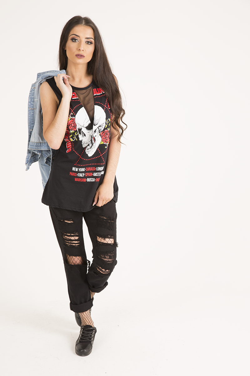 Black Skull Print Mesh Panel Sleeveless T-Shirt - Amie-T-shirt