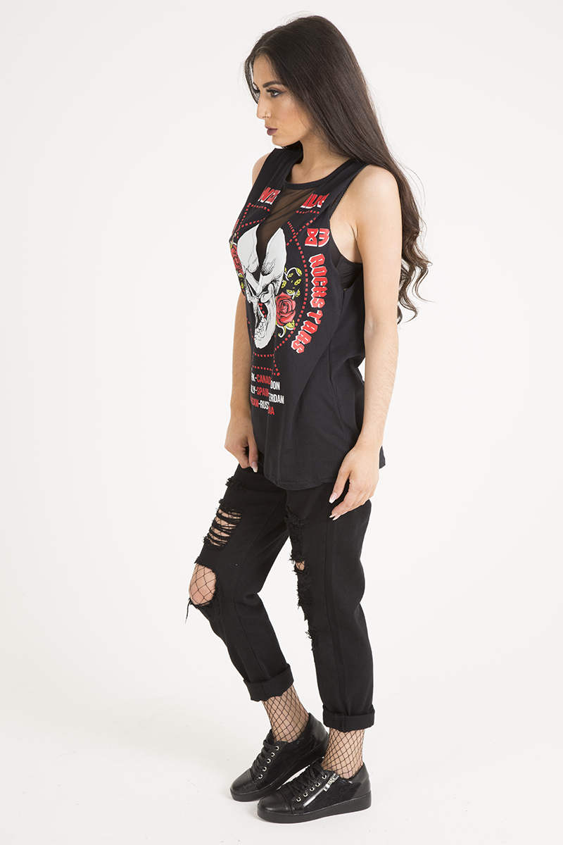 Black Skull Print Mesh Panel Sleeveless T-Shirt - Amie-T-shirt