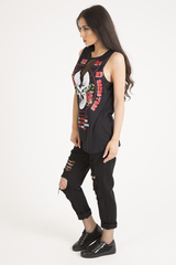 Black Skull Print Mesh Panel Sleeveless T-Shirt - Amie-T-shirt