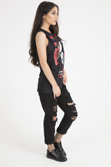 Black Skull Print Mesh Panel Sleeveless T-Shirt - Amie-T-shirt