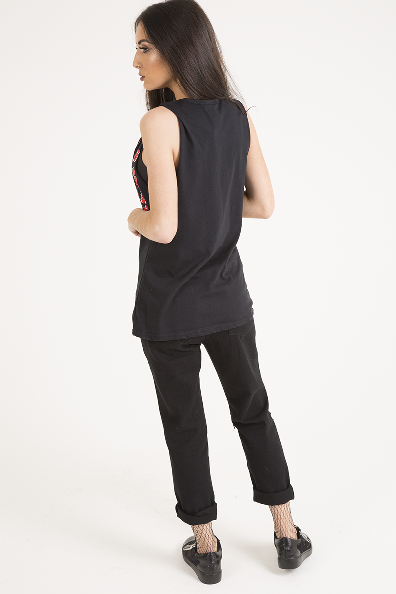 Black Skull Print Mesh Panel Sleeveless T-Shirt - Amie-T-shirt