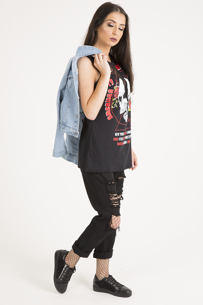 Black Skull Print Mesh Panel Sleeveless T-Shirt - Amie-T-shirt