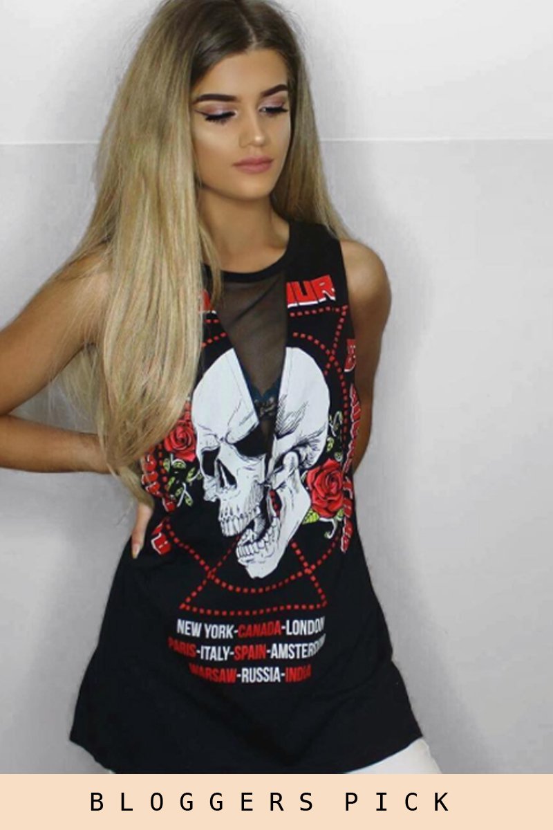 Black Skull Print Mesh Panel Sleeveless T-Shirt - Amie-T-shirt