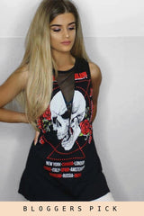Black Skull Print Mesh Panel Sleeveless T-Shirt - Amie-T-shirt