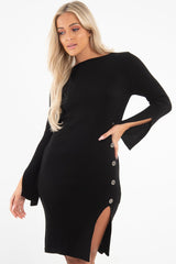 Black Slash Neck Button Rib Knit Midi Dress - Haydee-Dresses