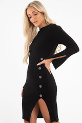 Black Slash Neck Button Rib Knit Midi Dress - Haydee-Dresses