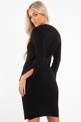 Black Slash Neck Button Rib Knit Midi Dress - Haydee-Dresses