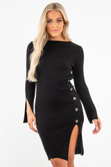 Black Slash Neck Button Rib Knit Midi Dress - Haydee-Dresses