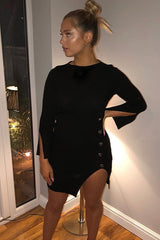 Black Slash Neck Button Rib Knit Midi Dress - Haydee-Dresses