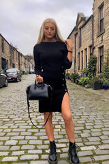 Black Slash Neck Button Rib Knit Midi Dress - Haydee-Dresses