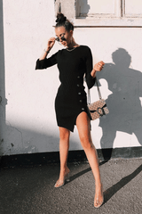 Black Slash Neck Button Rib Knit Midi Dress - Haydee-Dresses