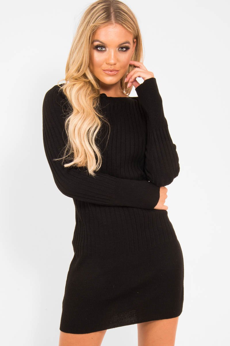 Black Slash Neck Jumper Dress - Jeslyn-Dresses