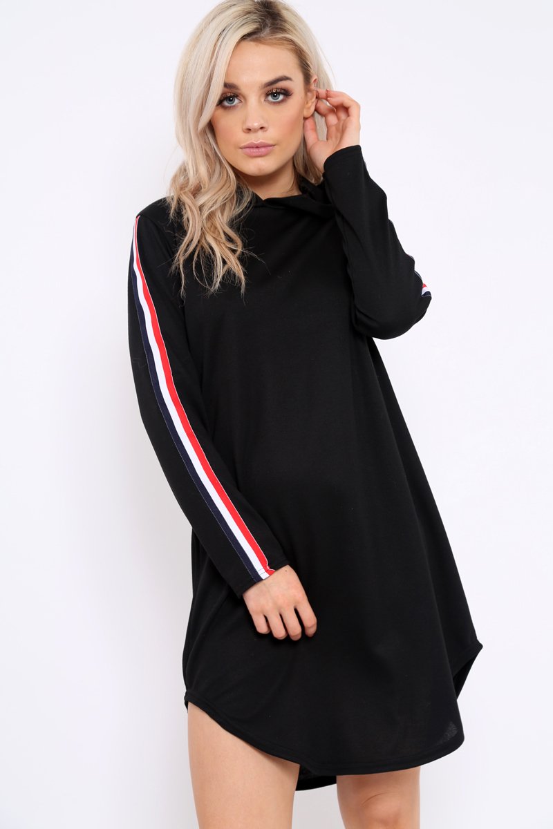 Black Sleeve Sports Trim Curve Hem Jumper Dress - Dixie-Dresses