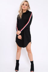 Black Sleeve Sports Trim Curve Hem Jumper Dress - Dixie-Dresses