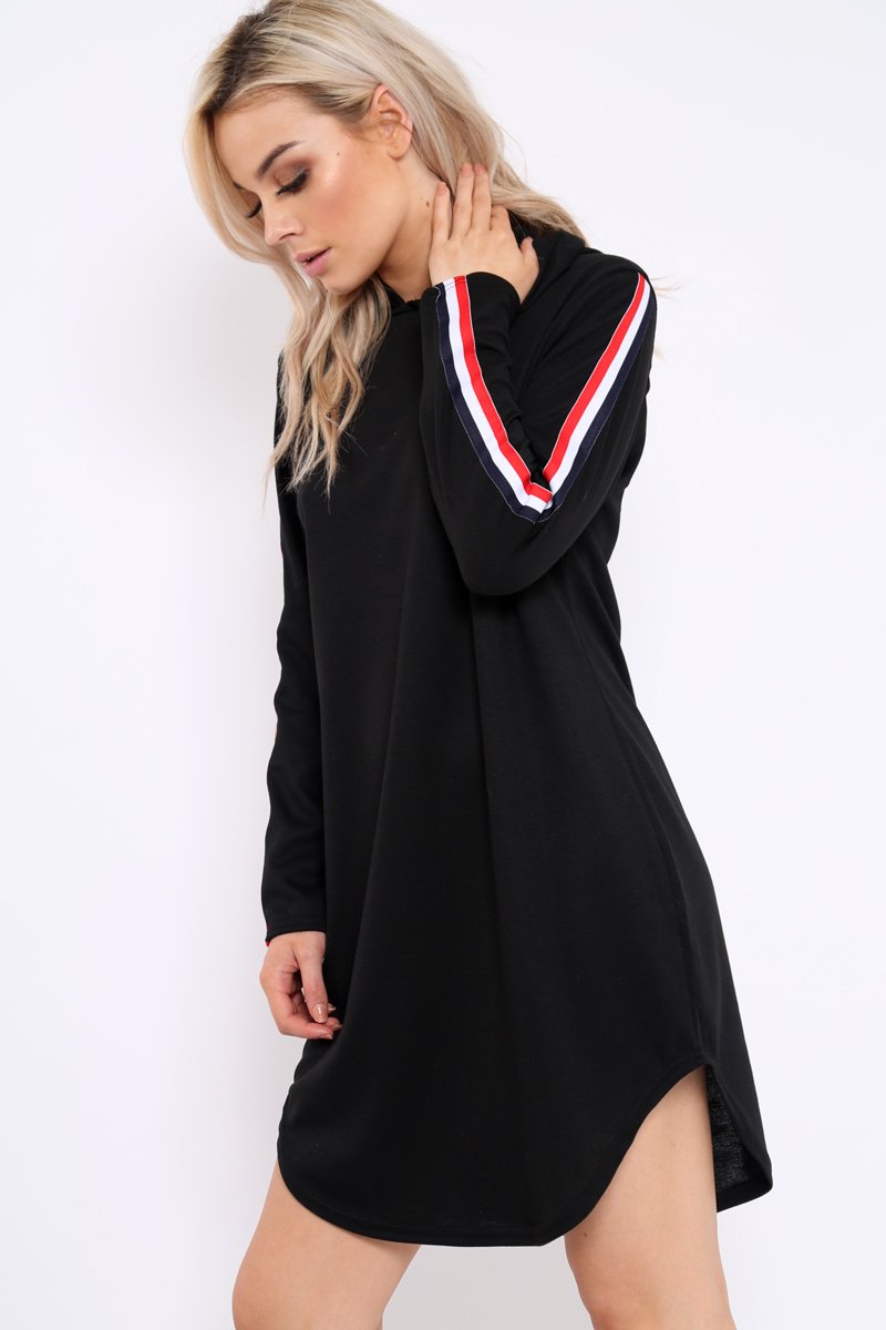 Black Sleeve Sports Trim Curve Hem Jumper Dress - Dixie-Dresses