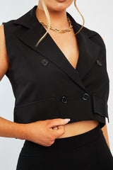 Black Sleeveless Blazer Top - Frankiee-Tops