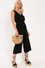 Black Sleeveless Button Down Culotte Jumpsuit - Kalanni-Jumpsuits
