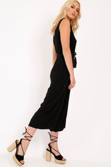 Black Sleeveless Button Down Culotte Jumpsuit - Kalanni-Jumpsuits