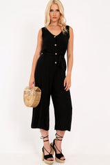 Black Sleeveless Button Down Culotte Jumpsuit - Kalanni-Jumpsuits