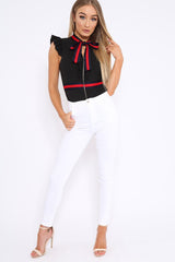 Black Sleeveless Frill Stripe Bodysuit - Laili-Bodysuits