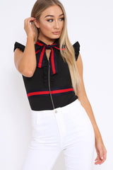 Black Sleeveless Frill Stripe Bodysuit - Laili-Bodysuits