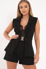 Black Sleeveless Slim Fit Gold Buckle Blazer - Zyla-Jackets