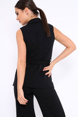 Black Sleeveless Tie Waist Blazer - Tonia-Jackets