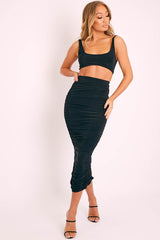 Black Slinky Bralet and Ruched Midi Skirt Co-ord - Valentia-Co-ords