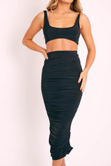 Black Slinky Bralet and Ruched Midi Skirt Co-ord - Valentia-Co-ords