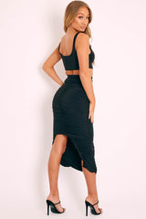 Black Slinky Bralet and Ruched Midi Skirt Co-ord - Valentia-Co-ords