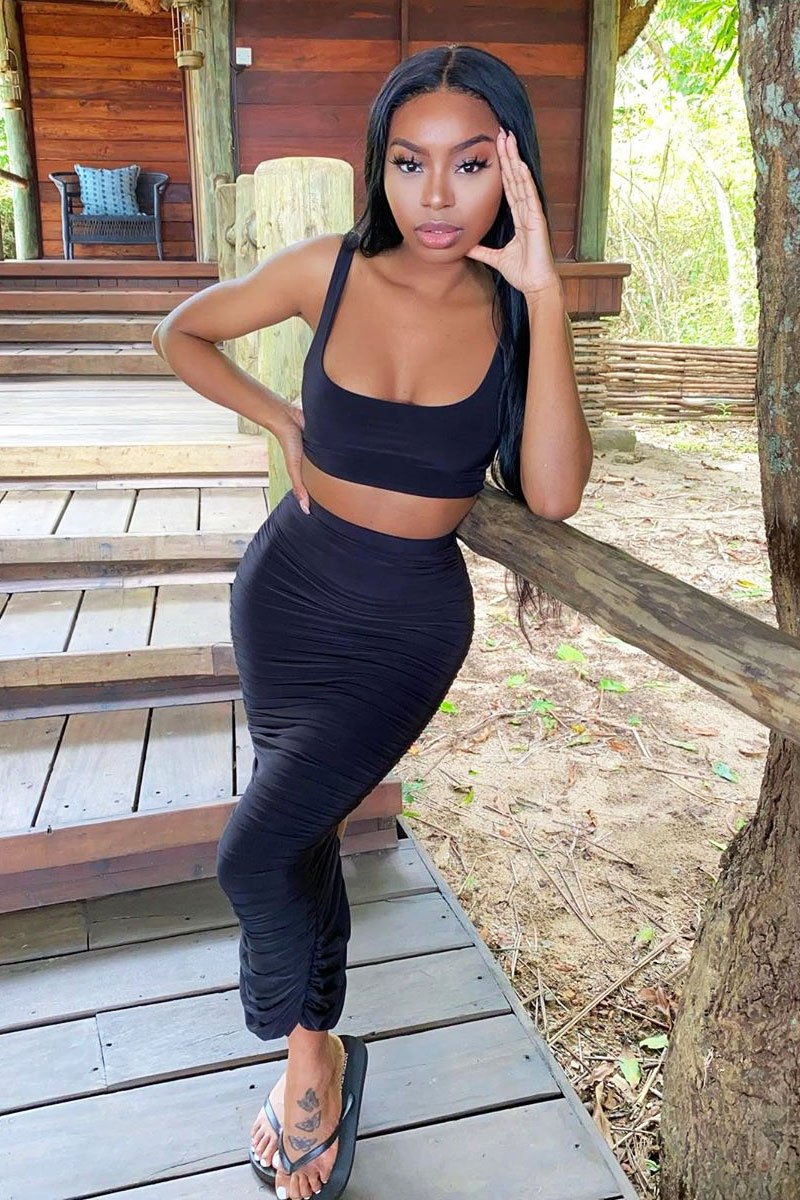 Black Slinky Bralet and Ruched Midi Skirt Co-ord - Valentia-Co-ords