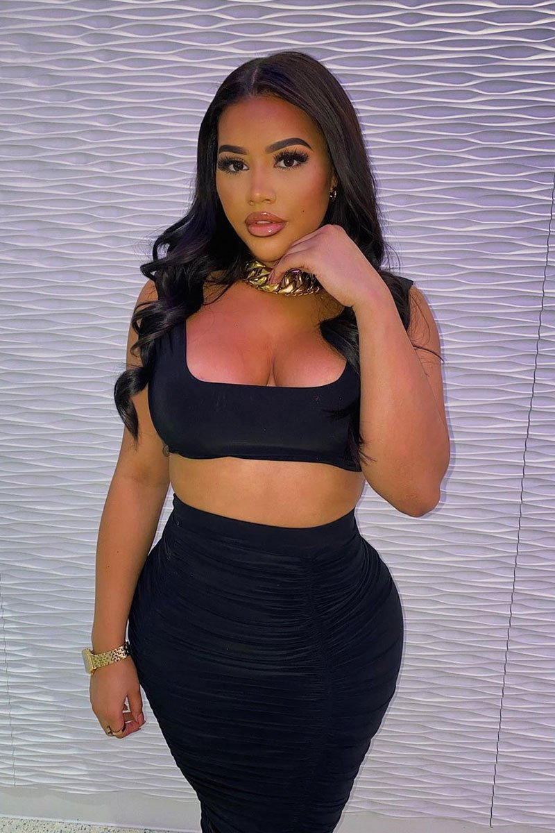 Black Slinky Bralet and Ruched Midi Skirt Co-ord - Valentia-Co-ords