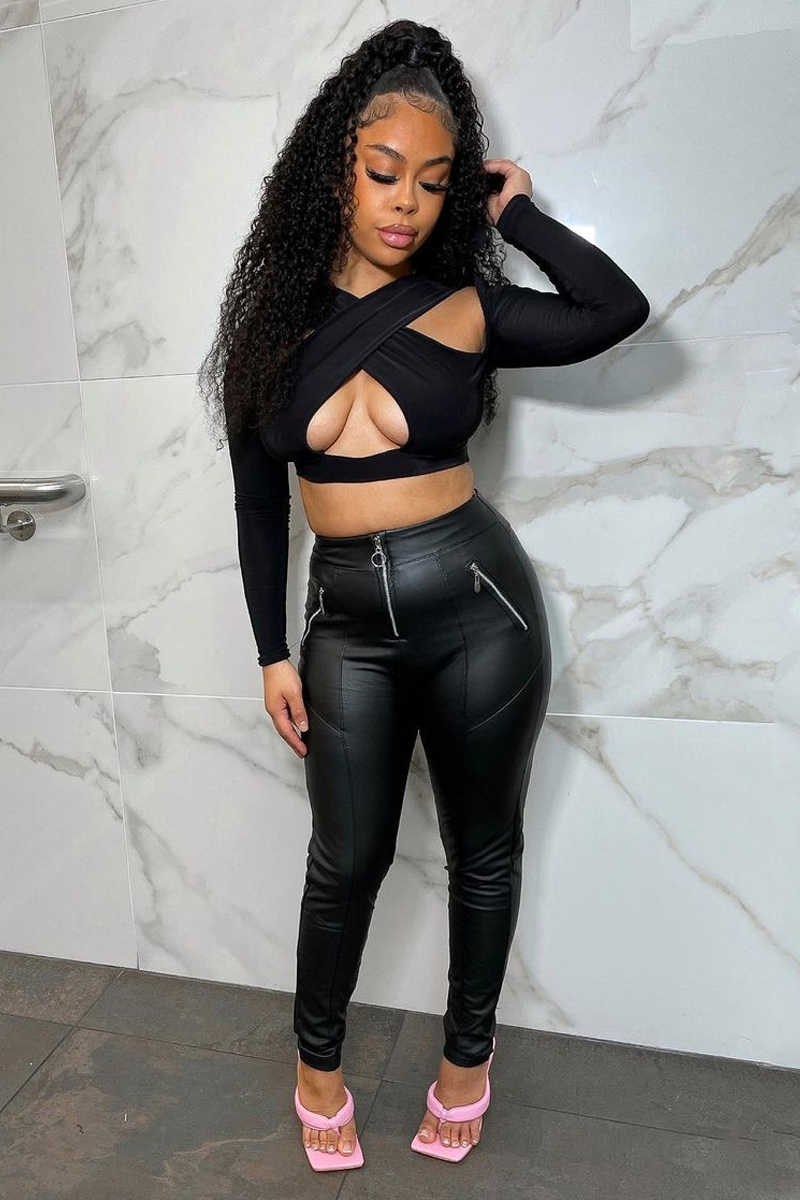 Black Slinky Cross Front Long Sleeve Crop Top - Tahlia