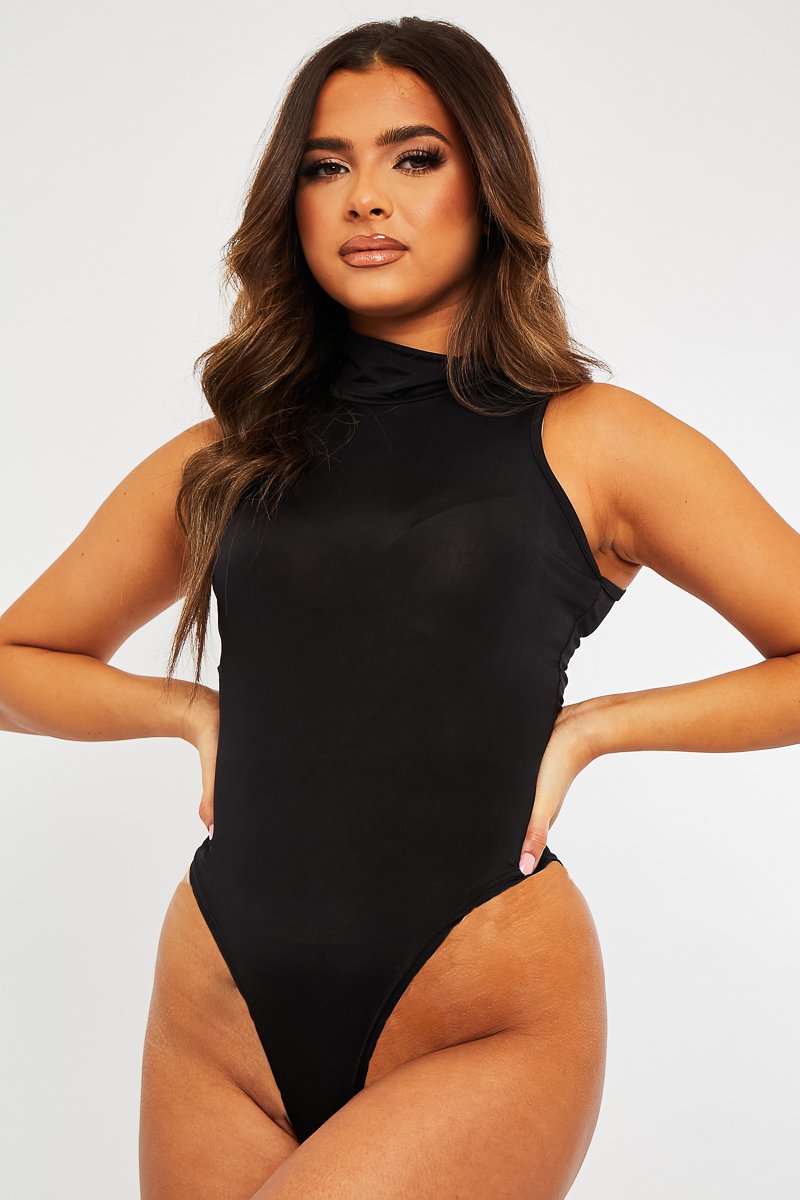 Black Slinky Fabric High Neck Bodysuit - Daniella-Bodysuits