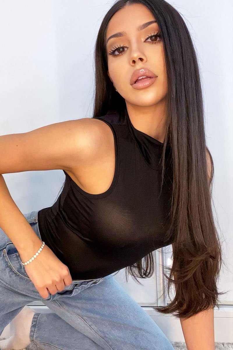 Black Slinky Fabric High Neck Bodysuit - Daniella-Bodysuits