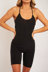 Black Slinky Halter Neck Unitard Playsuit - Dalia-Playsuits