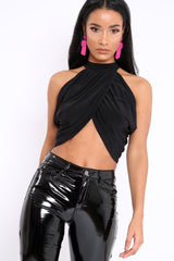 Black Slinky Halterneck Wrap Top - Giovanna-Crop Tops