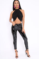 Black Slinky Halterneck Wrap Top - Giovanna-Crop Tops
