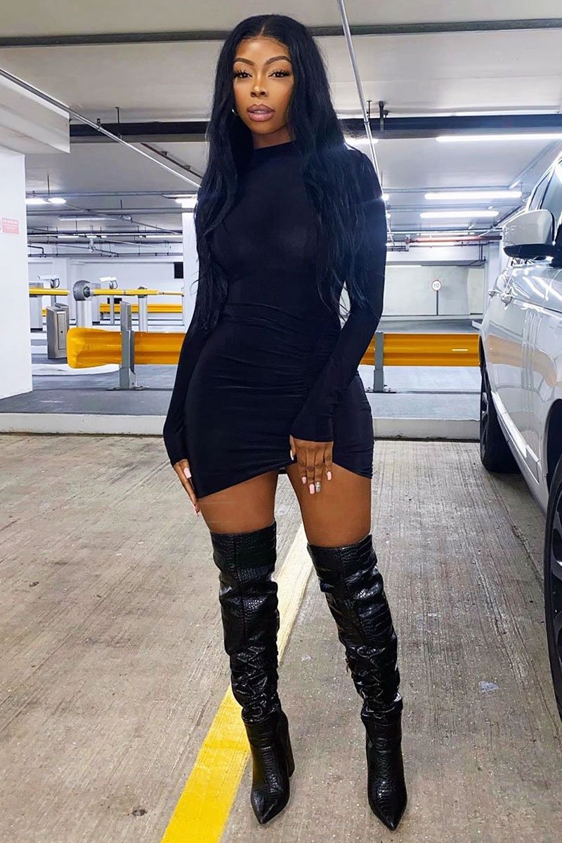 Black Slinky High Neck Asymmetric Ruched Bodycon Dress - Violette-Dresses