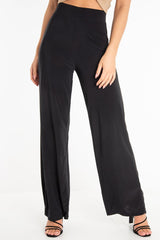 Black Slinky High Waist Wide Leg Trousers - Traci-Trousers