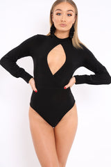 Black Slinky Key Hole Wrap Front Bodysuit - Tazmin-Bodysuits