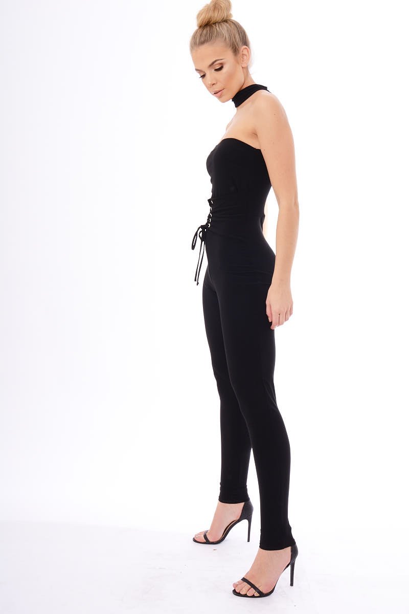 Black Slinky Lace Up Corset Choker Jumpsuit - Daisey-Jumpsuits